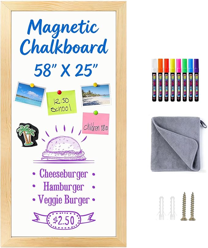 Large Magnetic Chalkboard for Wall, 58 x 25 Inch Solid Wood Framed Natural Whiteboard, Wall Mounted Chalk Board for Kitchen, Restaurant, Food Truck and Calendar Board