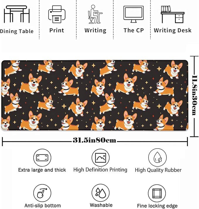 Cute Dog Mouse Pad，Corgi Puppy Pets Gaming Keyboard Mat，Laptop Computer Protector with Non-Slip Rubber Base，Large Extended MousePads Gifts for Desk Office Home，Deskmat Decor 31.5" x 11.8"