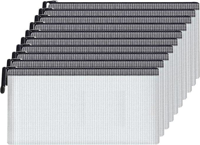 Mesh Document Bag Set of 10, Waterproof Zipper Pouch / A4 Size Zip File, for Household Daily Storage School Office M-D-2B (Black, A6 (9.25×4.25Inch))