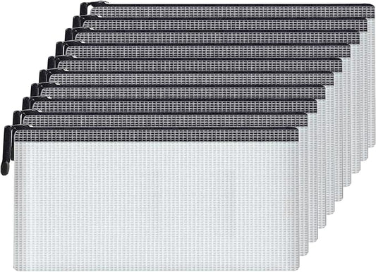 Mesh Document Bag Set of 10, Waterproof Zipper Pouch / A4 Size Zip File, for Household Daily Storage School Office M-D-2B (Black, A6 (9.25×4.25Inch))