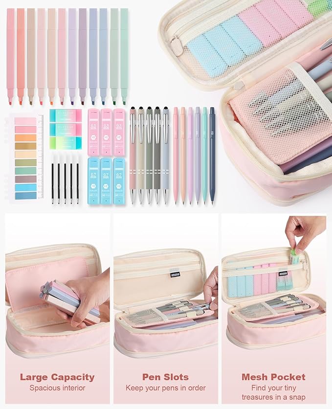 39PCS Aesthetic School Supplies with Cute Pencil Case, 5X Ballpoint Pens with Stylus Tip, 12X Pastel Highlighters, 6X Mechanical Pencil Set 0.5&0.7mm, Suit for Preppy School College Essentials(green)