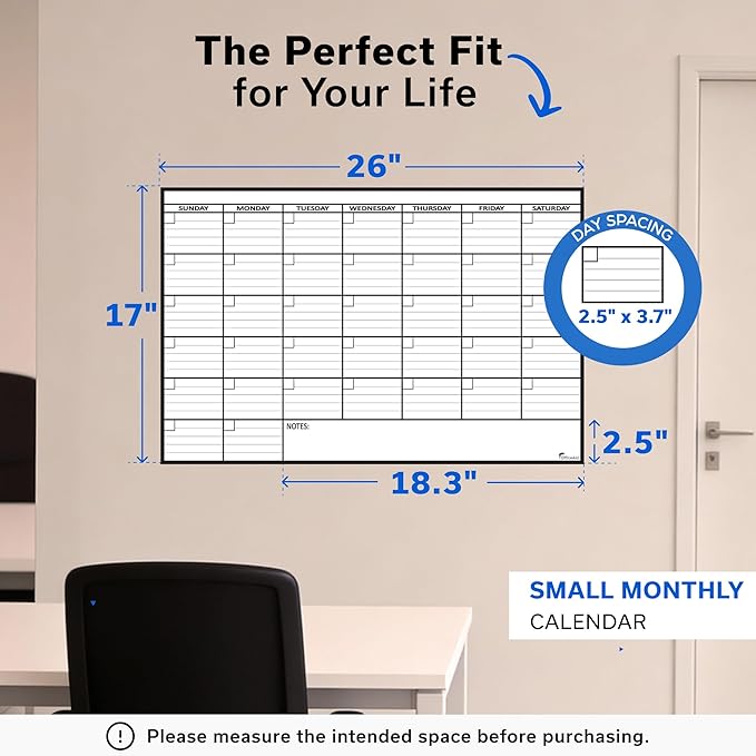 Small Dry Erase Calendar for Wall, 17x26, Small Wall Calendar Dry Erase, White Board for Office, Home & School, Erasable Whiteboard, Monthly Undated Reusable White Board Planner