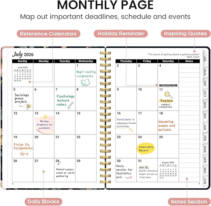 Planner 2026-2027, Academic Monthly and Weekly Calendar Planner for Women, July 2026 - June 2027, Hardcover Pretty Agenda Planner Book with Tabs, Spiral Daily Organizer for School Office Home Supplies, 8.5" x 11" - Evening Petals