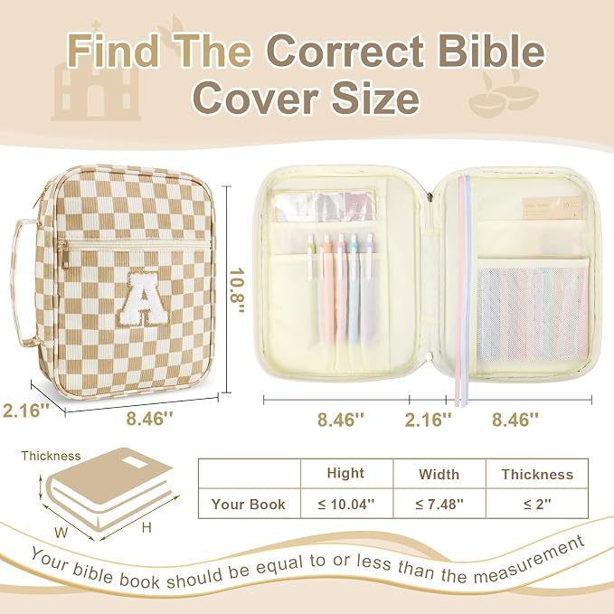 Personalized Initial Bible Cover Case for Women Girls Kid - Large Quilted Bible Case with Handle,Chenille Letter Bag Study Supplies,Christmas Gifts for Christians Birthday Graduation(Khaki-A)