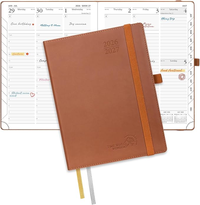POPRUN Planner 2026-2027, 6.5" x 8.5", Academic Planner 2026-2027 Weekly and Monthly (July 26-June 27) Hourly Appointment Book with Inner Pockets, Leather Soft Cover, 100GSM - Brown
