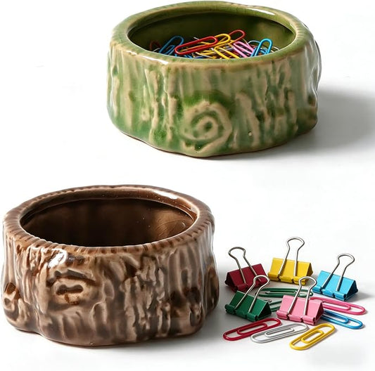 Ceramic Paper Clip Holder, 2 Pcs Tree Shaped Binder Clip Box Cute Office Decor Supplies for Desk Organizer (Brown + Green)
