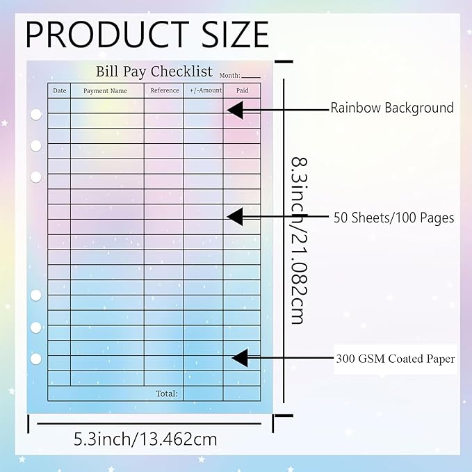 50 Pack Payment Checklist Refills 6-Hole Punched Loose Leaf Budget Planner Refill - Colorful Monthly Budget Forms Budget Planner Note Card for A5 Binder Saving Organizer Budgeting (Colorful)
