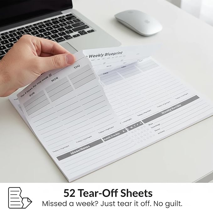 Undated Weekly Planner Pad (8.5"x11") - The "Rule of 3" System for ADHD Focus & Deep Work. Desktop Productivity Organizer with Habit Tracker & Weekly Review. 52 Tear-Off Sheets for a Full Year