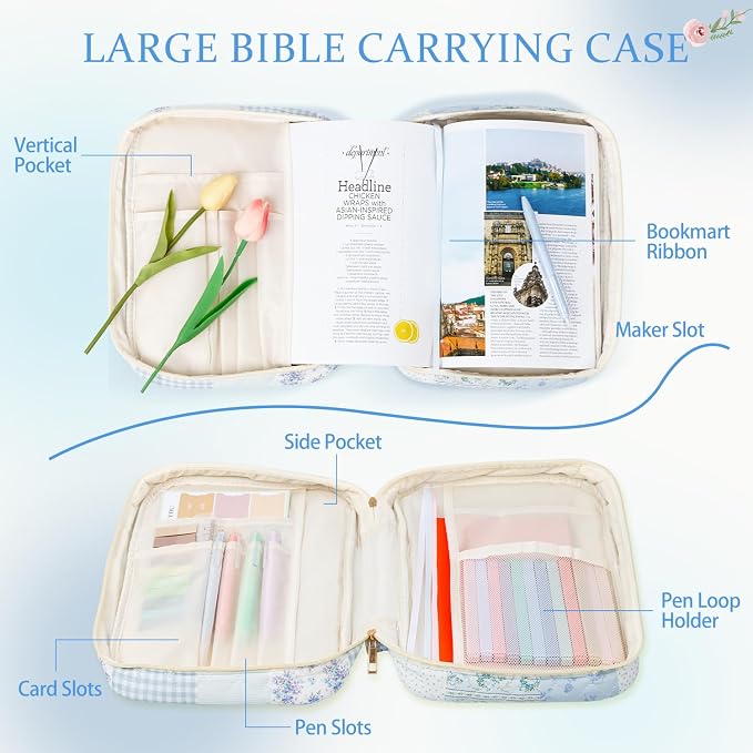 Bible Cover Case for Women Large Quilted Bible Carrying Bag with Handles Bible Study Supplies & Accessories Christian Gifts for Women(Cotton-Blue Patchwork, M)