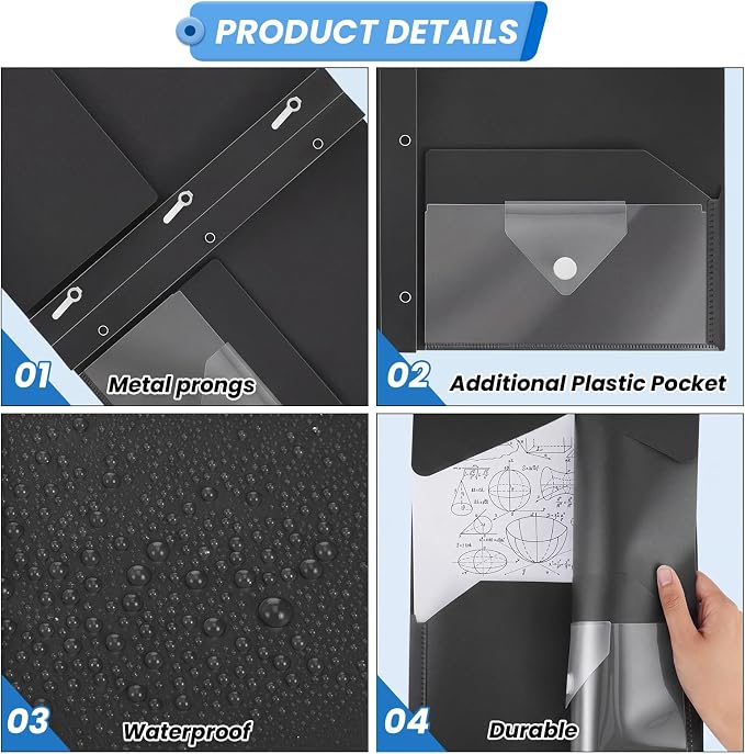 Kosiz 24 Pcs 2 Pocket Folders with Prongs, Paper Folders with 2 Pockets and 3 Prongs Fit Letter Size Paper, Back to School File Document Organizer for School Office Home Supplies (Black)