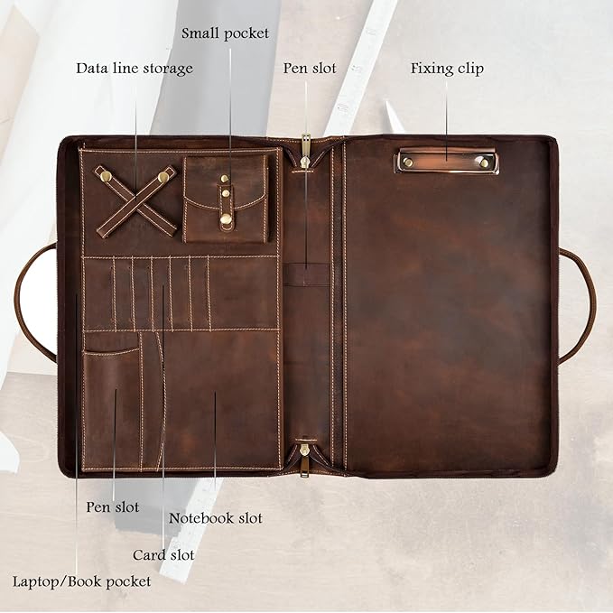 Genuine Leather Portfolio, Padfolio Organizer with Handle, Personalized Padfolio，Padfolio with Zipper for Men Women，Suitable for 15-inch Laptop Legal Pad Padfolio, Dark Khaki