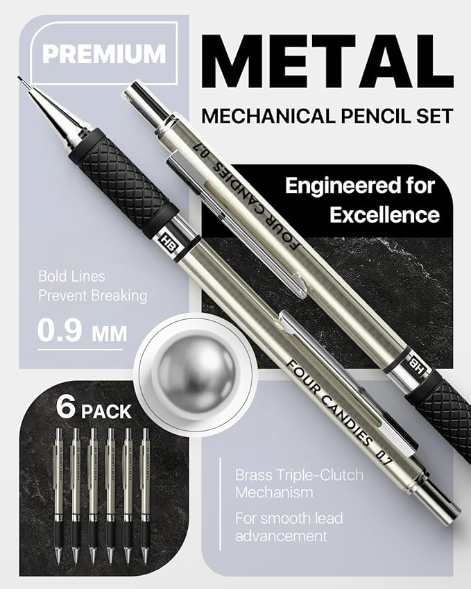 6PCS Metal Mechanical Pencil Set with 0.9mm Bold Point, 360 Leads, 12 Erasers, Art Mechanical Pencils Pack with Storage Case for School Writing, Sketching, Drawing & Professional Drafting