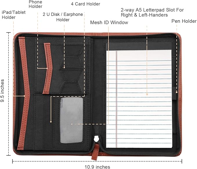 Junior Padfolio/Resume Portfolio Binder with Refillable Lined Notepad, A5 Padfolio Folder, Business Portfolio, Multi-Function Case, A5 Writing Pad Included,Brown.