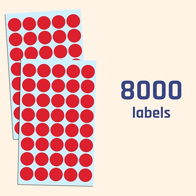 TownStix 8000 Pack, 3/4" Round Dot Stickers Circle Labels - Red