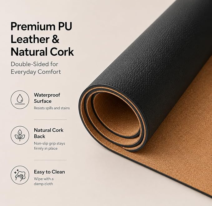 AFIING Cork Desk Mat, Black,23.6" x 13.7", Desk Pad Protector | Dual-Sided Cork & PU Leather, Large Mouse Pad, Non-Slip & Waterproof