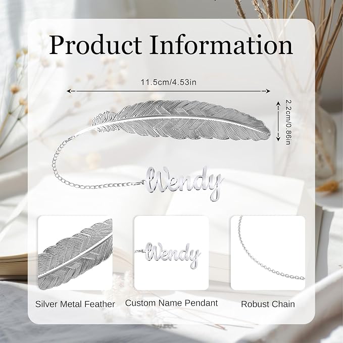 Custom Feather Bookmark Personalized Metal Bookmark with Name Pendant, Gold Silver Customized Gift for Bookworms, Teachers, Women Includes Gift Box