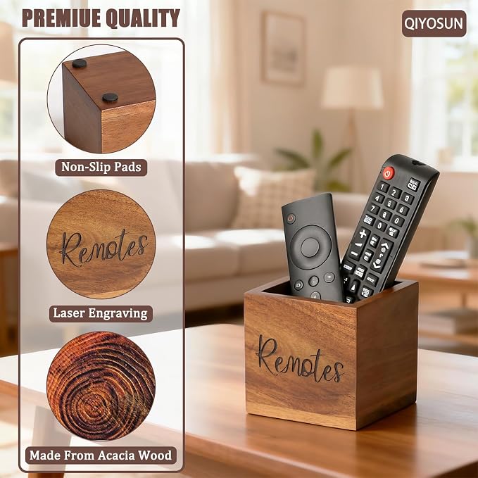 Remote Control Holder, Farmhouse Wood TV Organizer for Table, Wooden Remote Control Organizer, Remote Storage Caddy, Remote Control Organizer (Brown, 3.5 Inch Labeled Remote)