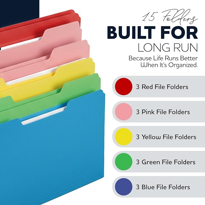 Colored File Folders 15-Pack – 5 Assorted Colors – Letter Size, 1/3-Cut Tabs – Paper Folders - Bright Set: Red, Green, Yellow, Pink, Blue (Bright Set)