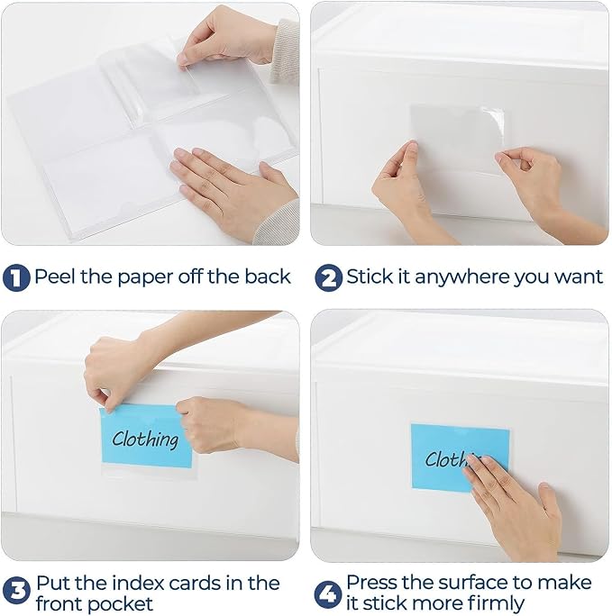 MaxGear 3" x 5" Index Card Holder, 24 Pack Labels for Storage Bins, Clear Adhesive Pockets with Top Open Loading, Plastic Label Holders Tote Bag Labels Stickers for Organizing Library Card Shelves