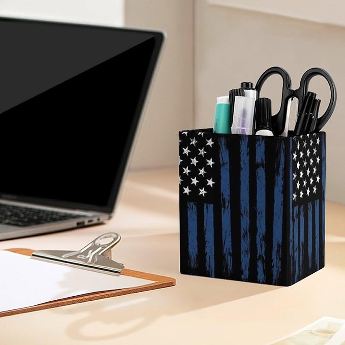 Women's Fashion Pencil Pen Holder Cup, Waterproof Office Supplies, Waterproof Multifunctional Office Supplies Blue Line American Flags