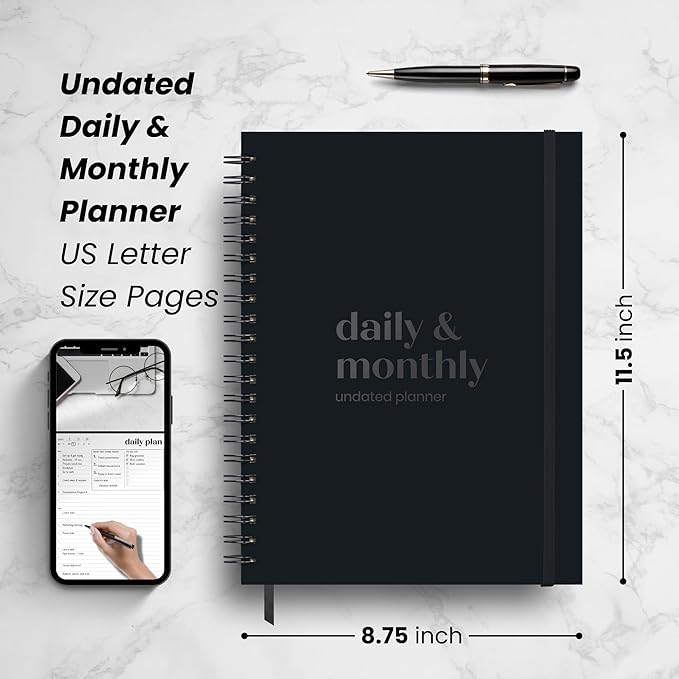 Undated Daily Planner | 2026 Calendar | Large Daily and Monthly Planner with Hourly Schedule, 8.5" x 11" | 6 Month, Full Page a Day, To do List, Time Blocking, Black Aesthetic Hardcover Spiral Notebook