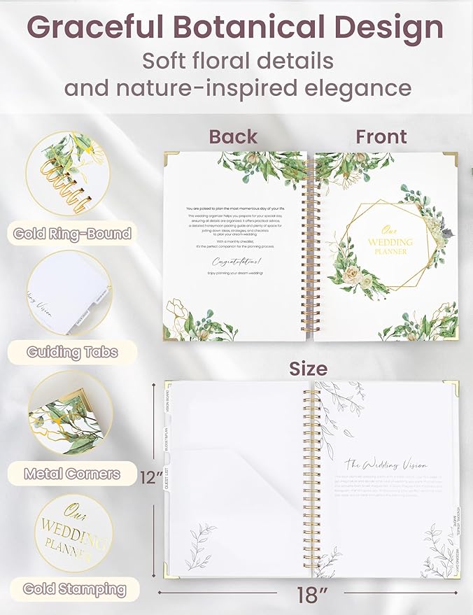 Wedding Planner Book and Organizer for the Bride, 9x12" Wedding Planning Book with 5 Tabbed Sections, Pockets, Checklists, Calendars, Countdown, Metal Corner, Engagement Gifts for Couples, Floral