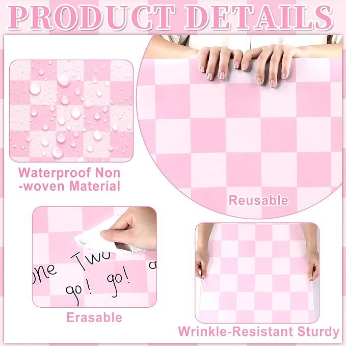 Pink Checked Bulletin Board Roll Reusable Waterproof Erasable Pastel Pink Non-Woven Fabric Bulletin Board Roll Wrinkle Resistant Background Poster for Classroom Decor Wrapping DIY Crafts 15.7" x 20ft