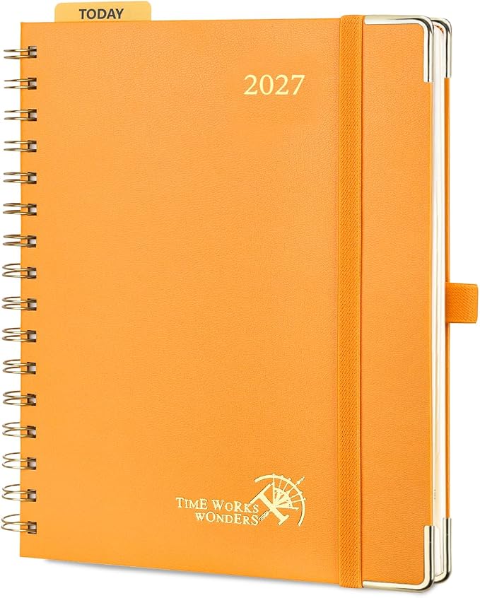 POPRUN 2027 Planner Daily Weekly and Monthly Calendar with Hourly Schedule(Medium Size 8.5'' x 6.25'' Wire-Bound Hard Cover) - Agenda 2026 (Jan.2027-Dec.2027), Monthly Tabs - Orange