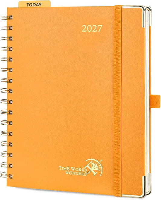 POPRUN 2027 Planner Daily Weekly and Monthly Calendar with Hourly Schedule(Medium Size 8.5'' x 6.25'' Wire-Bound Hard Cover) - Agenda 2026 (Jan.2027-Dec.2027), Monthly Tabs - Orange