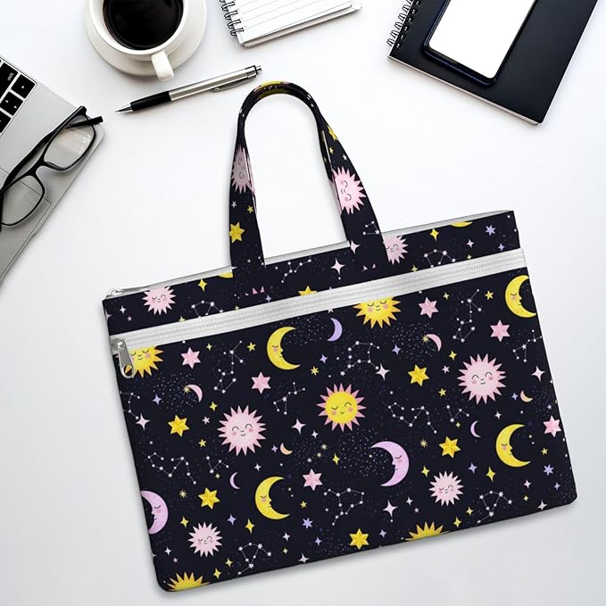 Lightweight Canvas Zippered File Bag Space Galaxy Constellation Sun Moon Stars Pattern, Waterproof Document Pouch with Handle for Office Business Travel