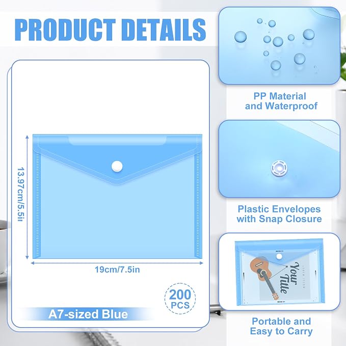 200 Pieces Blue 5x7 Small Plastic Envelopes Receipt Check Storage File Holder Case Waterproof Transparent File Envelopes for Home Office Document Receipt Card Storage