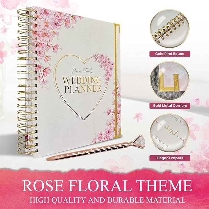 3 Pieces Wedding Planner Wedding Planner Book with Rose Gold Pen and Stickers 9.5 x 11.5 Wedding Book Wedding Gifts Wedding Planning Book and Organizer Bride Book