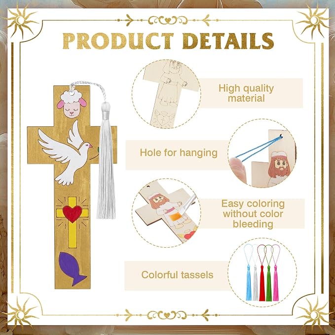 AmazingSpark 100 Pcs Christian Cross Coloring Bookmarks Bulk Wooden DIY Crafts, 50 Set Religious Bookmarks with Tassel for Church Gift, Sunday School, Baptism, First Communion Party Favors