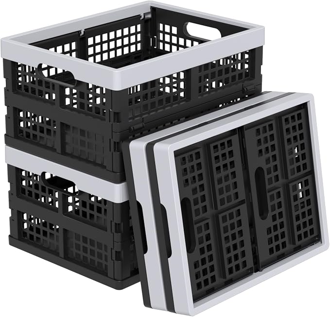15L Plastic Collapsible Storage Crates, Folding Crates Storage Basket, Pack of 4, Black