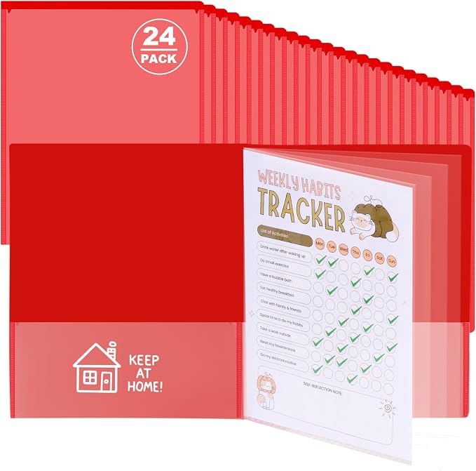 24 Pcs Back to School Take Home Folders for Elementary Students 2 Pocket Folders with Clear Front Pocket 4 Inner Pockets Plastic Parent Teacher Communication Folder 11.81 x 9.45 Inch (Red)