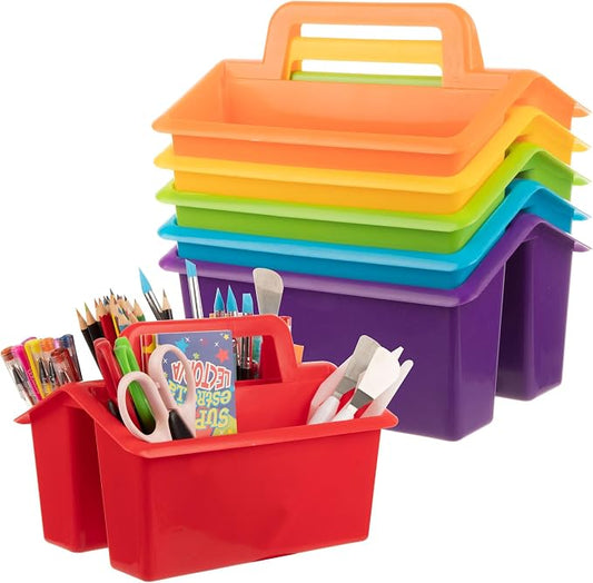 Plastic Caddy With Handle,Protable Classroom Craft Caddy, 6-pack Storage Caddy For Pencil,Pen,Craft Tools (Rainbow Color)