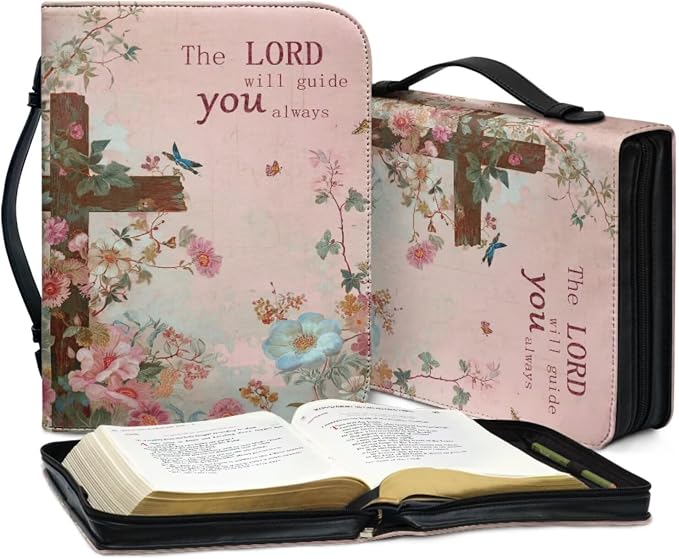 Retro Style Flowers and Cross Bible Case with Bookmark Waterproof Bible Cover Case for Women Lightweight Bible Bag with Handle Pockets Church Book Bag