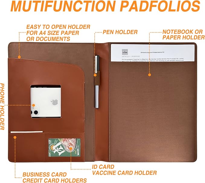 Leather Portfolio Folder Padfolio, Business Padfolio Organizer Document Planner Portfolio Binder Storage Pocket for Legal Pad Holder Paperwork Phone Men Women (Red Brown)
