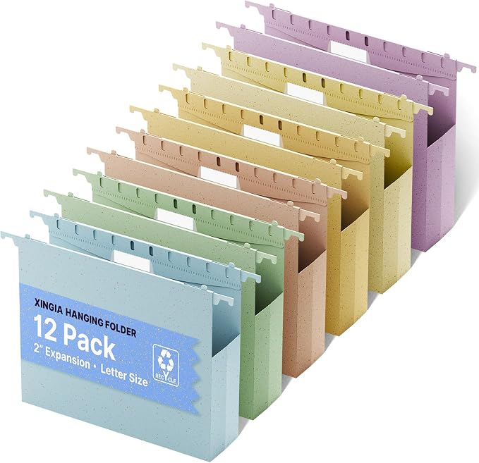 XINGIA Plastic Hanging File Folders, Letter Size with 2'' Expansion, 12 Pack Expandable Hanging Folders with Tabs,Hanging File Folder Organizers for Office School Home Filling Cabniet -Assorted Color