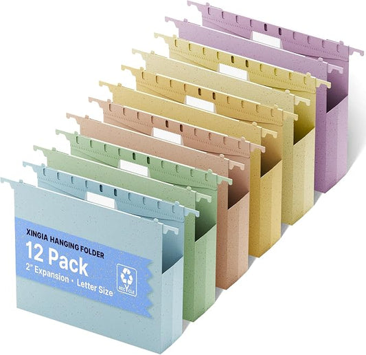 XINGIA Plastic Hanging File Folders, Letter Size with 2'' Expansion, 12 Pack Expandable Hanging Folders with Tabs,Hanging File Folder Organizers for Office School Home Filling Cabniet -Assorted Color