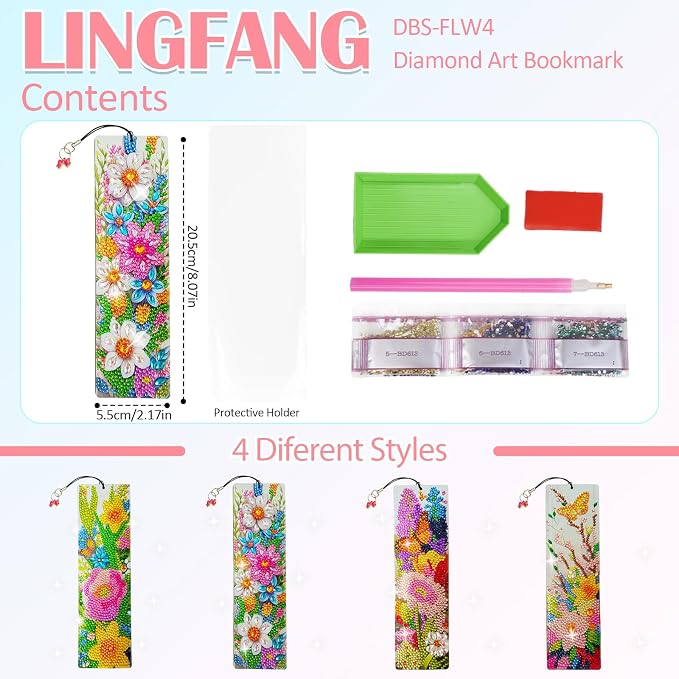 4 Pcs LINGFANG Diamond Painting Bookmark, Leather DIY Book Makers for Adults Book Lovers, Diamond Art Beginners, Small Diamond Art Kits, Art Crafts Supplies Gift for Girls (Flower Butterfly)
