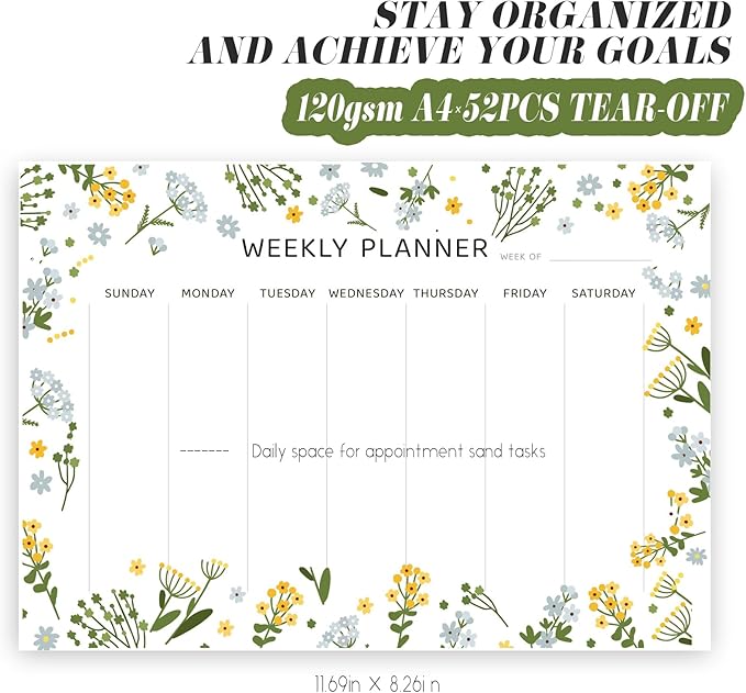 Undated Weekly Planner Notepad, 52 Sheet Tear-Off Weekly To Do List Notepad, Desk Planner Pad Calendar, Blank Calendar for Daily Habit Tracking/Menu Planning(8.26"x11,69")