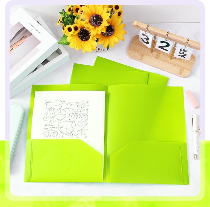 Gueevin 72 Pack Plastic Folder with Pockets, 2 Pocket Folders, Plastic Glossy Folders Fit Letter Size Paper, Heavy Duty Durable File Folder with Business Card for Home Office School (Lime Green)