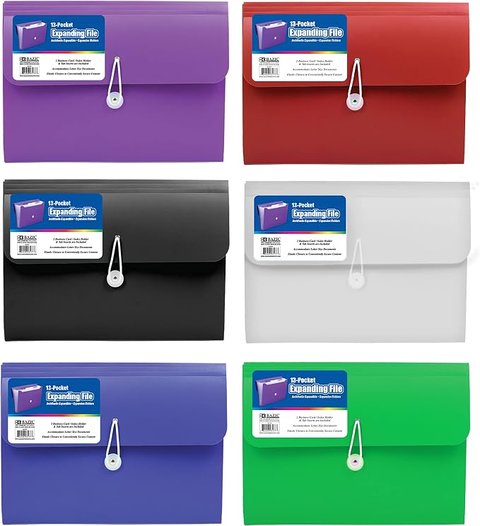 BAZIC Products 13-Pocket A4/Letter Size Poly Expanding File, for Documents Office School, Case of 6