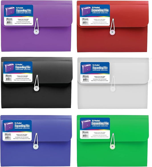 BAZIC Products 13-Pocket A4/Letter Size Poly Expanding File, for Documents Office School, Case of 6