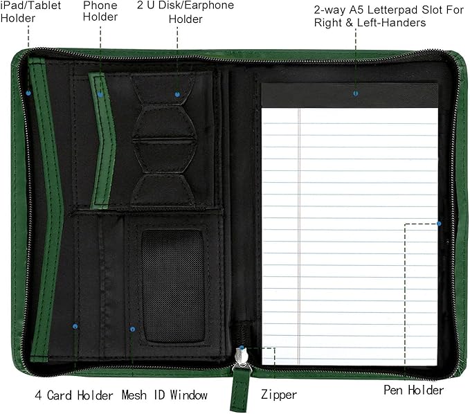 Junior Padfolio Portfolio with 5 x 8 Writing Pad, A5 Business Portfolio Binder Folder Organizer Multi-Function Combination Case for Men Women, Dark Green