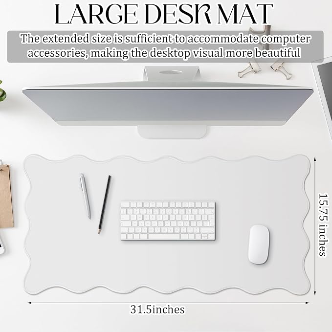 Hahafelt Scalloped Desk Mat Large Desk Pad Cute Coquette Table Mat Back to School Preppy Table Make up Pad Nonslip Graduation Gift with Stitching Waterproof Gaming(White,31.5 x 15.8 Inches)