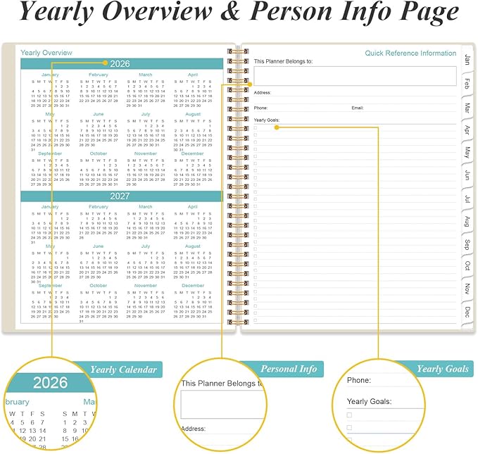 Planner 2026 For Women & Men - Monthly and Weekly Calendar Planner from January 2026 - December 2026, Student Planning with 12 Tabs for Office School Supplies, Inner Pocket, 8.5" x 11", Beige
