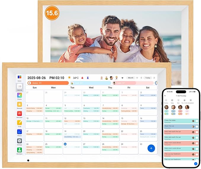 Digital Calendar 15.6" Digital Wall Planners for Family Schedules, Electronic Calendar with 1920*1080 Interactive Touchscreen, Digital Photo Frame Built-in 64GB Memory, Smart Calendar-Wooden