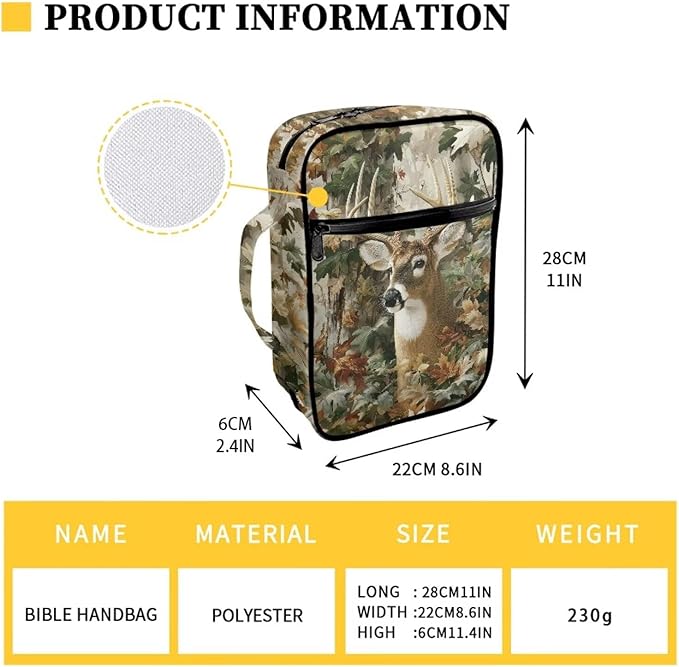 Suobstales Deer Hunting Camo Print Bible Covers for Women Men Lightweight Bible Bag Bible Accessories with Handle and Zippered Pocket Bible Tote Bag for Kids